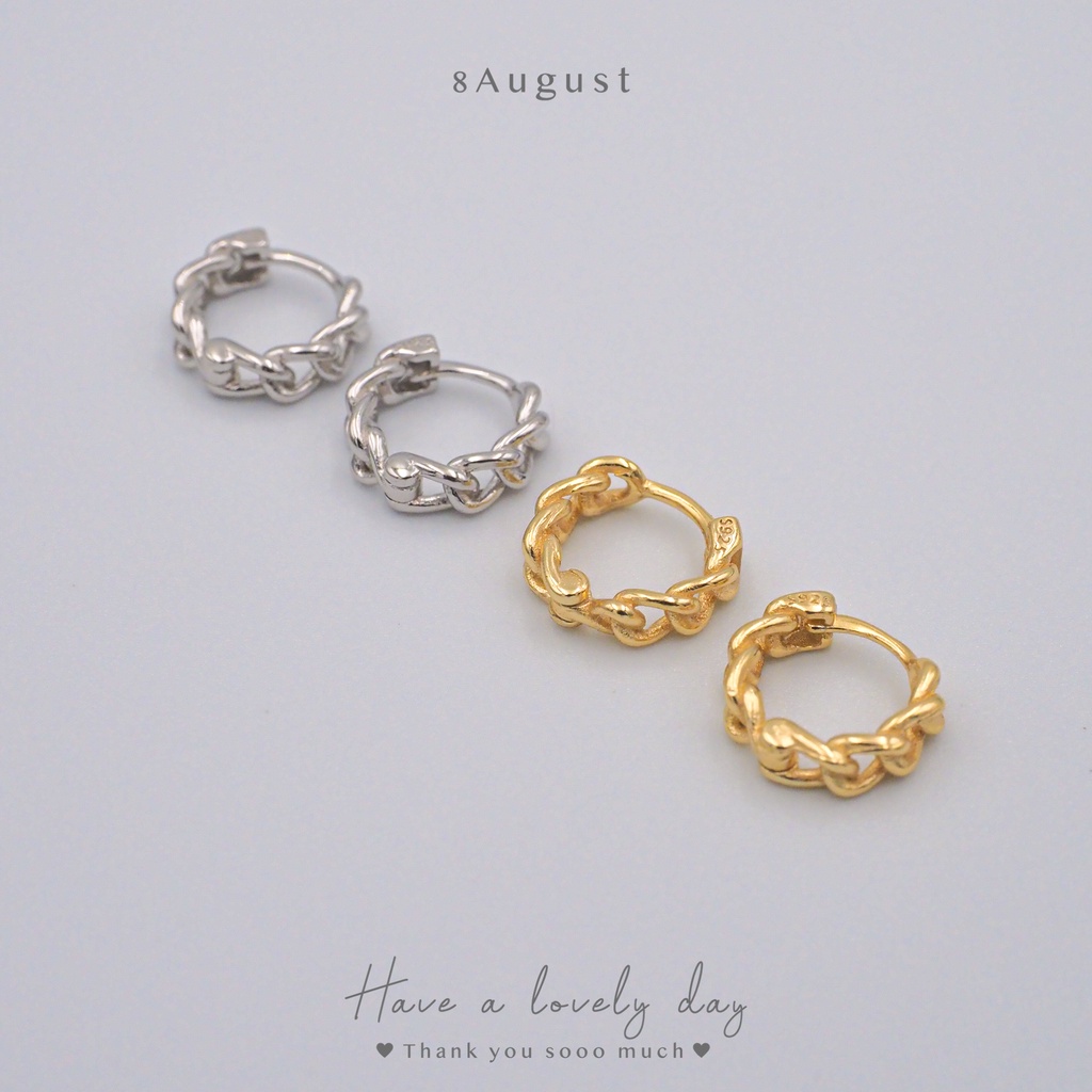 8August ต่างหูเงินแท้ ต่างหูห่วง ลายโซ่ ต่างหูแฟชั่น ขนาด 8mm Chain Hoop Earrings S925 (A10)