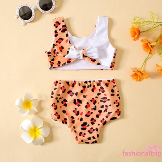 ✣QI☎Little Girl´s Two Piece Swimsuits, V Neck Tie Knot Leopard Bikini Tops and Bottom Set