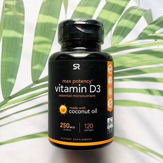 80% OFF EXP:04/23 (Sports Research®) Max Potency Vitamin D3 with Coconut Oil 250 mcg (10,000 IU) 120 Softgels วิตามินดี3