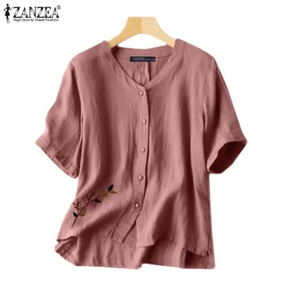 Zanzea เสื้อเบลาส์ คอวี ผ้าฝ้าย ปักลาย สีพื้น สไตล์เกาหลี สําหรับผู้หญิง