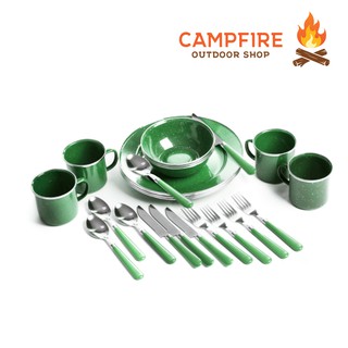 Deluxe 24-Piece Enamel Tableware Set สีเขียว ชุดจาน ที่สายแค้มป์