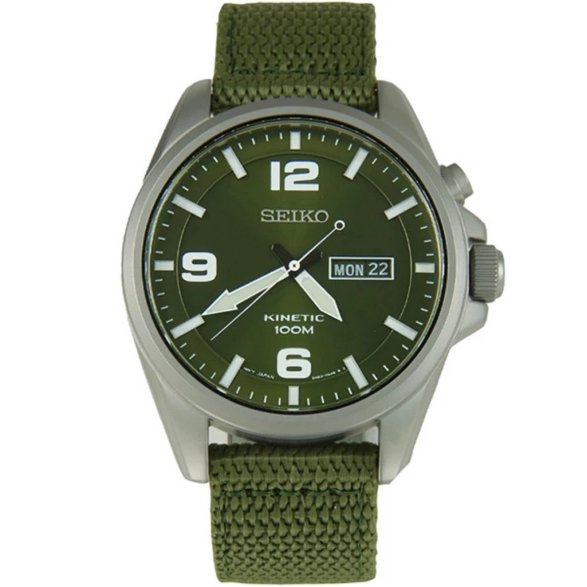 SEIKO KINETIC นาฬิกาข้อมือสายผ้าร่มเขียวทหาร รุ่น SMY141P1 - สีเงิน/สีเขียว