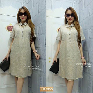 Granddesignplus TTR855*สีเทา*รอบอก 44" MONOGRAM PREMIUM LACE SHIRT DRESS