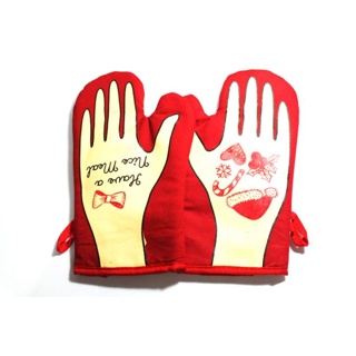 (ซื้อ 1 คู่ แถม 1 คู่)  ถุงมือกันความร้อน ลาย Have a nice meal - สีแดง