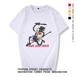 เสื้อยืดแขนสั้น คอกลม ทรงหลวม พิมพ์ลายกราฟฟิค One Piece Luffy Sun God Nika สีขาว สีดํา แฟชั่นฤดูร้อน สไตล์เกาหลี สําหรับ