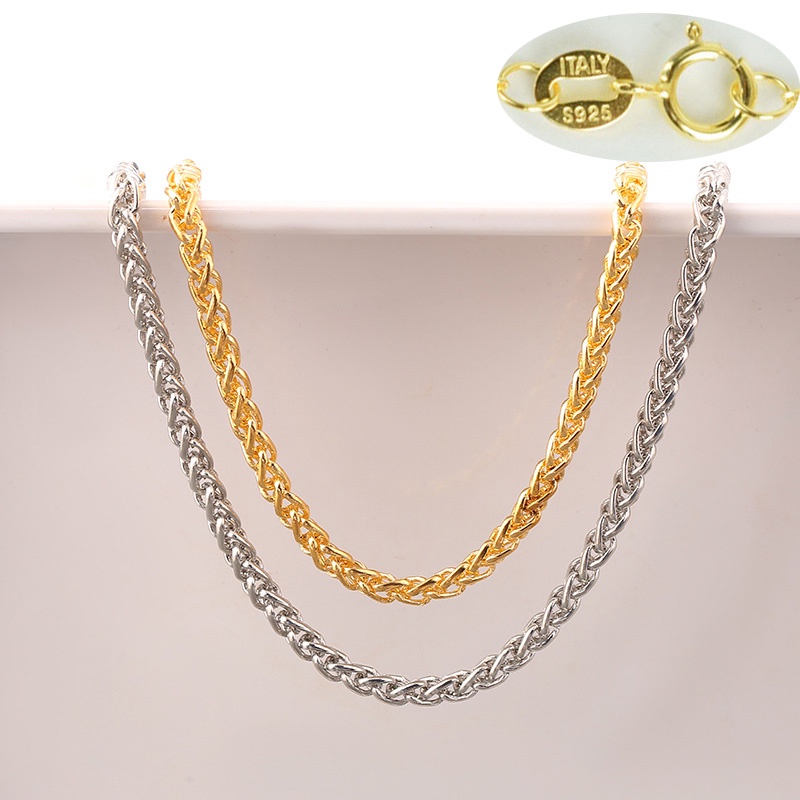 Sterling Silver S925 Necklace 1.5mm Round Wheat chain Different Wide/Length Gold plated Jewelry