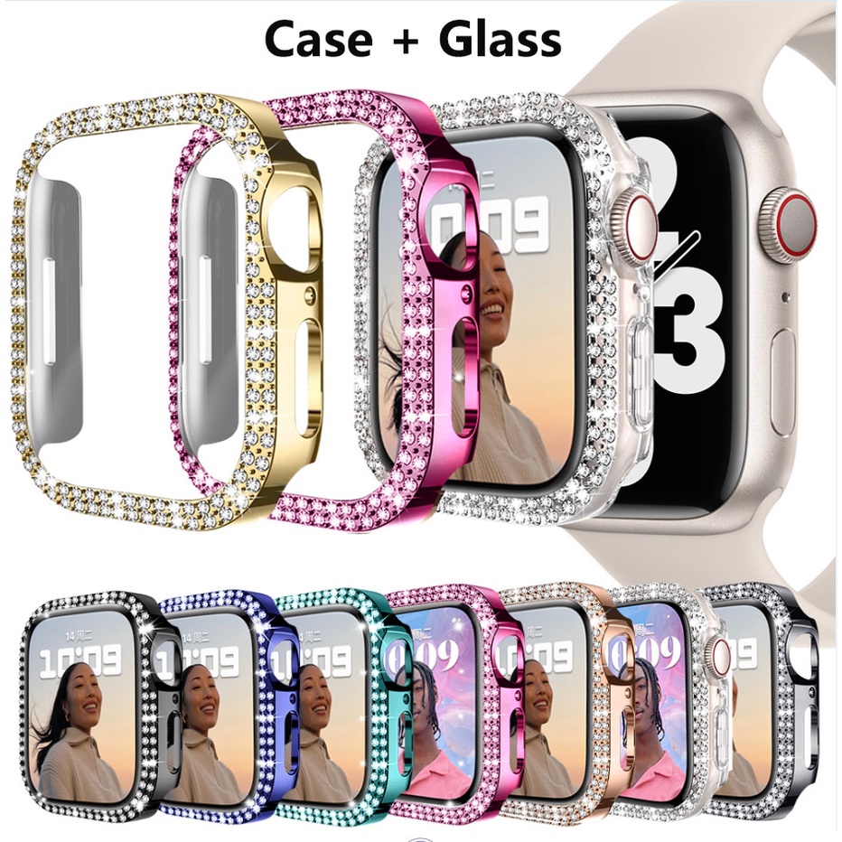 กระจก + ฝาครอบ สําหรับ apple watch Diamond case 45 41 44 40 42 38 มม. กันชนหน้าจอ สําหรับ iwatch series 7S SE 7 6 5 4 3 2