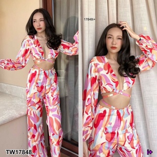 MM17848 Set 2 ชิ้น เสื้อแขนยาว พิมลาย ผูกเชือก + กางเกงขายาวพิมลาย Set of 2 pieces. Long sleeve shirt. Printed pattern.