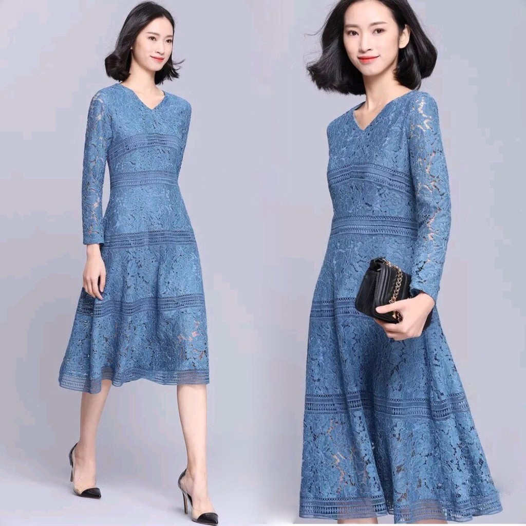 ชุดเดรสยาว ผ้าลูกไม้สีฟ้าครามเข้ม แขนยาว คอวี M-XL (2013)