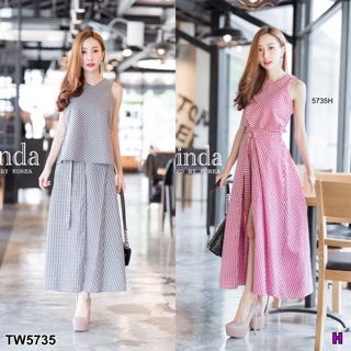 TwinsShopVip💗พร้อมส่ง TW5735 เซตเสื้อแขนกุดเว้าข้าง+กระโปรงกางเกงลายสก็อต