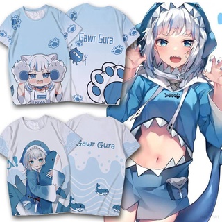 เสื้อยืดแขนสั้นลําลอง ทรงหลวม พิมพ์ลายอนิเมะ Hololive Vtuber Gawr Gura พลัสไซซ์ แฟชั่นสําหรับผู้หญิง