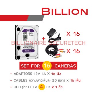 SET อุปกรณ์สำหรับกล้องวงจรปิด 16 ตัว : ADAPTOR X 16 + HDD 4 TB + สายสัญญาณความยาวเส้นละ 20 M. X 16