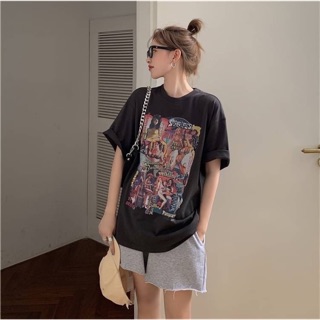 🍷 Sexy 90s girl tee เสื้อยืดคอกลม สีเทาเข้ม พิมพ์ลายผู้หญิง เนื้อผ้าฝ้าย 🌈