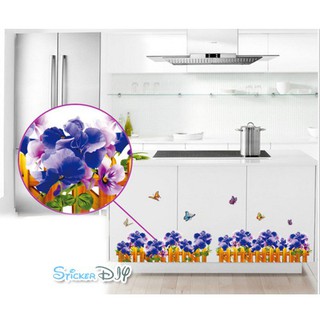 SALE Transparent Wall Sticker สติ๊กเกอร์ติดผนัง รั้วดอกไม้บานสีน้ำเงินอมม่วง (กว้าง136cm.xสูง35cm.)