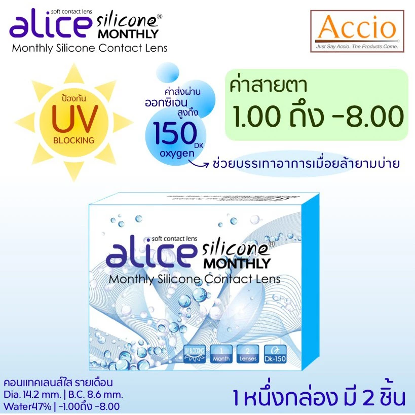 คอนแทคเลนส์แบบใส รายเดือน วัสดุซิลิโคน ยี่ห้ออลิซ Alice Silicone Monthly 1กล่องมี 1คู่ ค่าสายตา -1.00 ถึง -10.00
