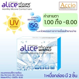 คอนแทคเลนส์แบบใส รายเดือน วัสดุซิลิโคน ยี่ห้ออลิซ Alice Silicone Monthly 1กล่องมี 1คู่ ค่าสายตา -1.00 ถึง -10.00
