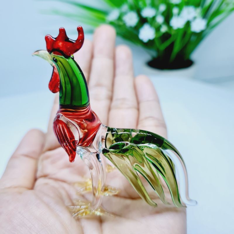 ไก่แก้บน ไก่แก้ว  💥ไก่ชนคู่เขียวเหนี่ยวทรัพย์ ขนาด 7cm💥 งานแก้วสี (ราคาต่อ1คู่)​