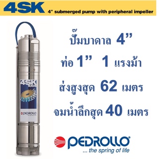 ปั๊มน้ำบาดาล อิตาลี 1 แรงม้า 4SKm 100E สเตนเลส 304 ทั้งตัว ท่อส่ง 1 นิ้ว ส่งสูง 62 เมตร พร้อมสายไฟยาว 30 เมตร PEDROLLO