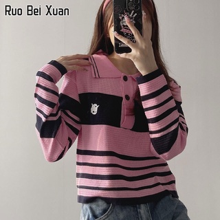 RUO BEI XUAN เสื้อโปโลคอปกย้อนยุคฤดูร้อน2022ผู้หญิงแขนยาวถักด้านบน