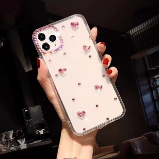 เคสโทรศัพท์มือถือแบบนิ่ม TPU ใส กันกระแทก ประดับเพชร พลอยเทียม กลิตเตอร์ หัวใจ ระยิบระยับ หรูหรา สําหรับ iPhone 14 13 12 Pro Max 11 X XR XS Max 7 8 Plus