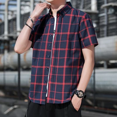 เสื้อเชิ้ตแขนสั้นผู้ชาย ผ้าฝ้ายลายสก๊อต สไตล์เกาหลี thumbnail 3