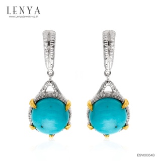 Lenya Jewelry ต่างหูเทอควอยส์ (Turquoise) สีฟ้า หลังเบี้ย ทรงกลม ตัวเรือนเงินแท้ชุบสีทองคำขาวและทองคำ