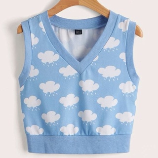 (preorder) #Shein #เสื้อกั๊กคอวีพิมพ์ลายเมฆ Cloud  print V neck tank top ✅ สีฟ้าพลาสเทล ของแท้100% #น่ารัก #สวย ✅