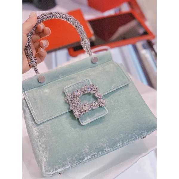 กระเป๋า Roger Vivier Viv' Flower Strass Jewel Buckle Cabas Mini Bag in Velvet📍พร้อมส่ง📍