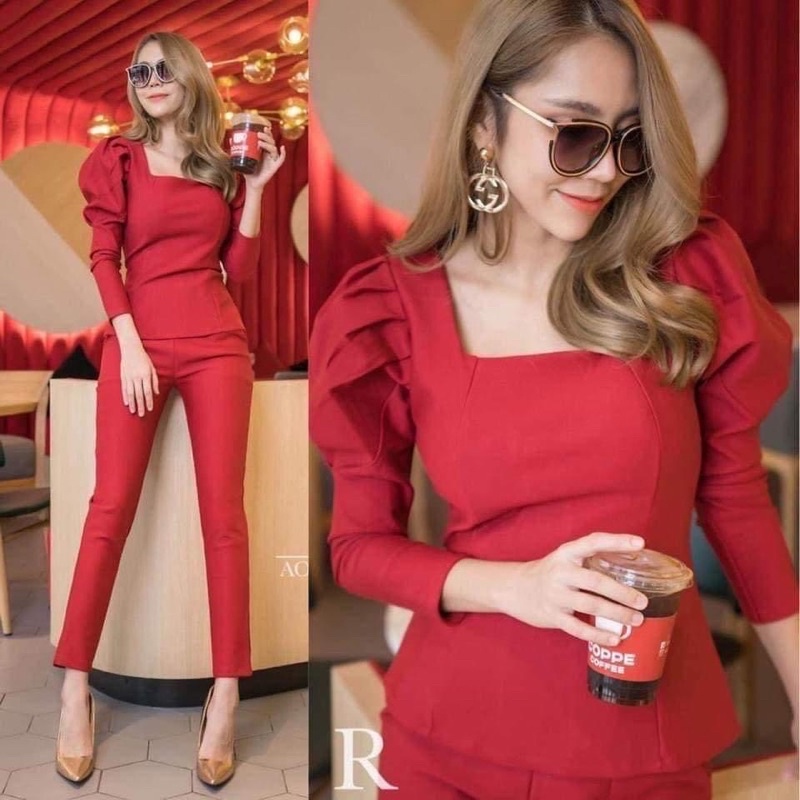 Tw เซทเสื้อคอเหลี่ยม  กางเกงขายาว