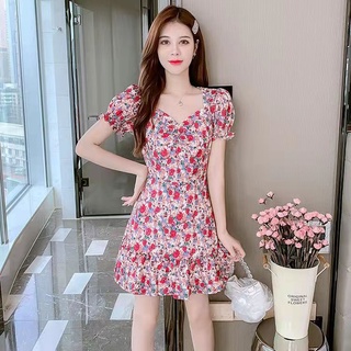 Sweet ชุดเดรส ดอกไม้สีเหลือง แขนพองแนวสาวเกาหลี เดรสกระโปรงสั้น-ยาว ผ้านิ่ม