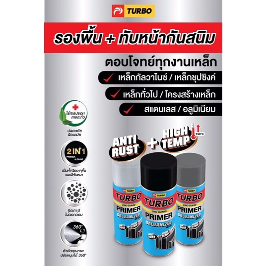 สีสเปรย์ รองพื้นกันสนิมเหล็ก Turboรวมรองพื้น+สีทับหน้า 3สี BronzeBlackGrey แห้งเร็ว พ่นง่าย ยึดเกาะดี ประหยัดเงินแรงเวลา