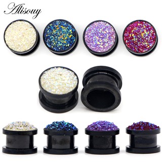 Alisouy 2 ชิ้น เหล็ก สีดํา ปลั๊กอุโมงค์ เนื้อ 8-16 มม. สีขาว คริสตัล ที่อุดหู เครื่องวัดหู เจาะร่างกาย เซ็กซี่ เครื่องประดับ