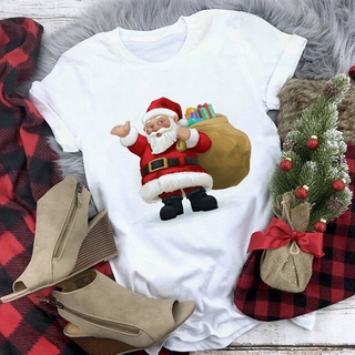 เสื้อยืด New Santa Claus Print Tshirt Women Merry Christmas Reindeer White T-shirt Harajuku Short Sleeve Women Tee