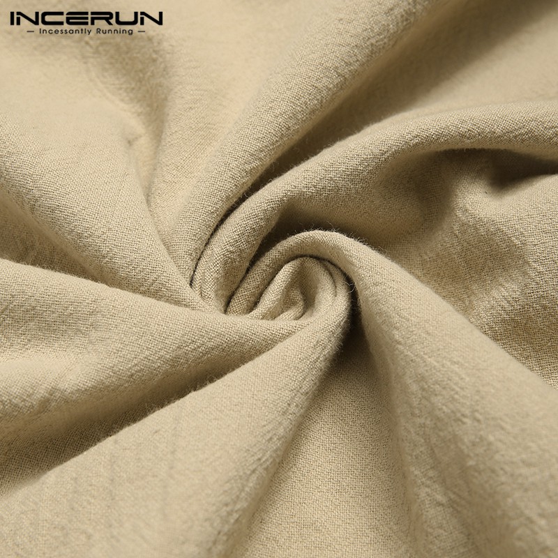 Incerun เสื้อยืดแฟชั่นผู้ชาย ผ้าฝ้าย แขนยาว ผูกเชือก แบบเรียบ ทรงหลวม