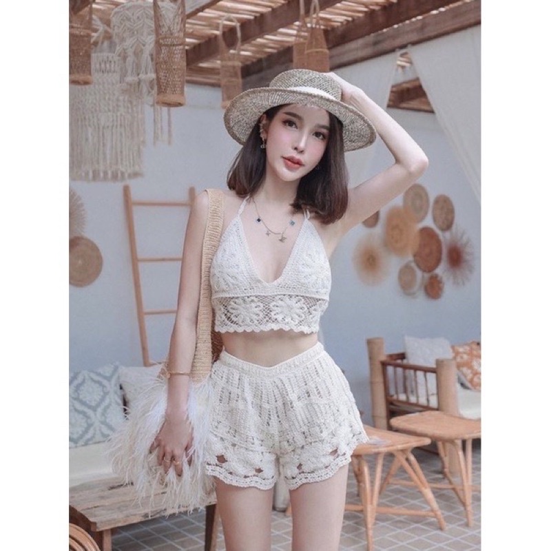 เสื้อถักผูกคอ+กางเกงถักขาสั้น [มีบริการเก็บเงินปลายทาง] ราคาถูกที่สุด