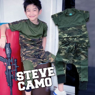 #ชุดเซ็ตเด็กคอเต่าแขนสั้น #Army Steve camo army  แต่งแถบที่ไหล่ มากับกางเกงขายาวทหารแถบขี้ม้า