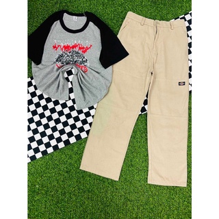เสื้อคอกลม เสื้อทูโทน สกรีนลาย กางเกงขาต่อสีครีม (cotton💯)