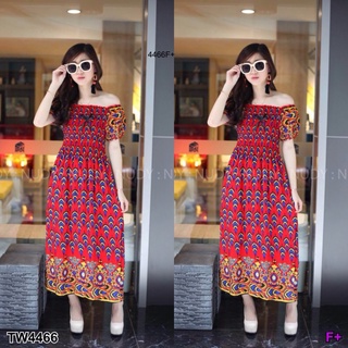 👗Pfashion [ส่งไว!!🚛] P4466 Maxi Dress ปาดไหล่ลายนกยุง Maxi Dress off the shoulder bird print