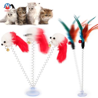 Cat Interactive Toy With Sucker Spring Feather Plush Mouse Funny Pet Toys