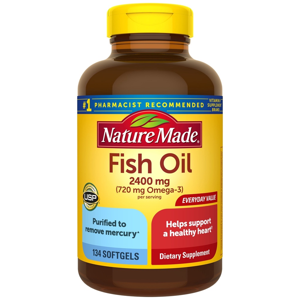 #1 Nature Made Fish Oil 2400mg. Per Serving Softgels 134 ซอฟเจล พร้อมส่ง บำรุงสมอง บำรุงสายาตา เสริมความจำ ลดอักเสบ