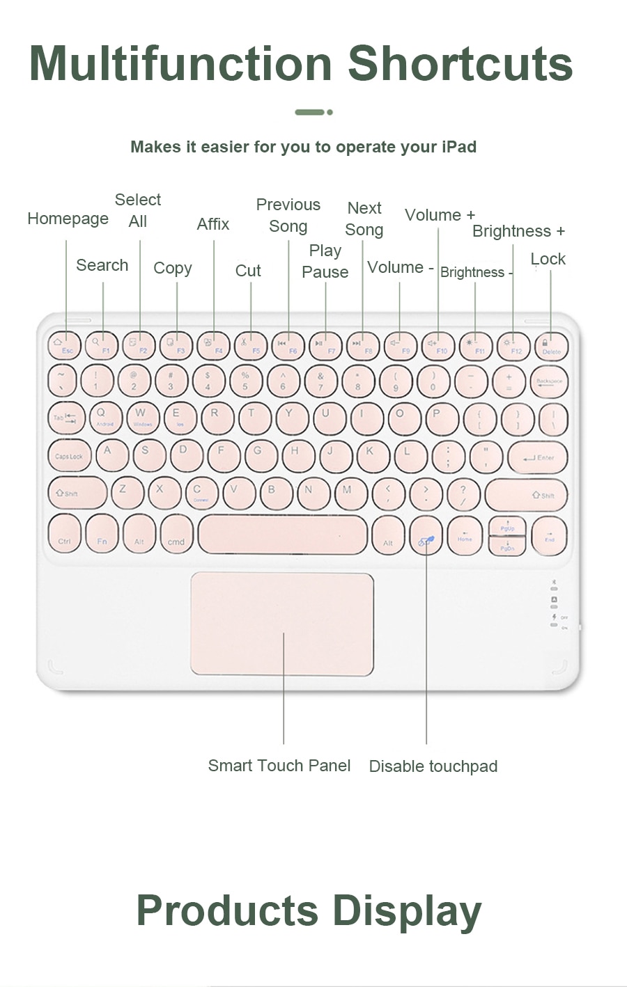 Xumu 10inch Mini Wireless Bluetooth Keyboard With Touchpad Round Keycap Button Key For iPad Pro 11 12.9 9.7 10.5 7th 8th 9th Gen 10.2 Air 4 4th gen 10.9 inch 2020 2021 Portable Magnetic Detachable Keypad Mouse For iPad Tablet Laptops Android Smart Phone #8