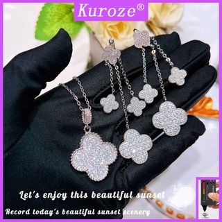 [Kuroze] หรูหรา เพชรสีขาว สี่ใบ ดอกไม้ จี้พู่ สร้อยคอ ต่างหูยาว หรูหรา สไตล์คลาสสิก สร้อยข้อมือ