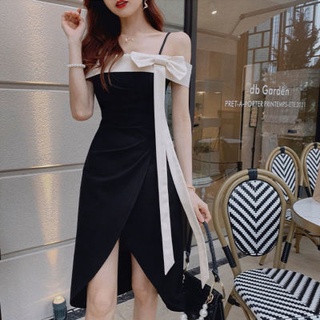 Hot Sale/French high waist dress womens new temperament black word คอแขนกุดเอวกระโปรง midi กระชับสัดส่วน