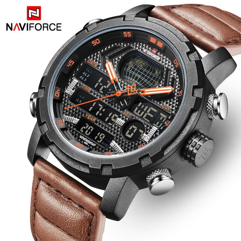 บุรุษนาฬิกา NAVIFORCE แบรนด์หรูแฟชั่นกีฬานาฬิกาผู้ชายควอตซ์นาฬิกาดิจิตอลผู้ชายหนังกองทัพทหารนาฬิกากันน้ำ