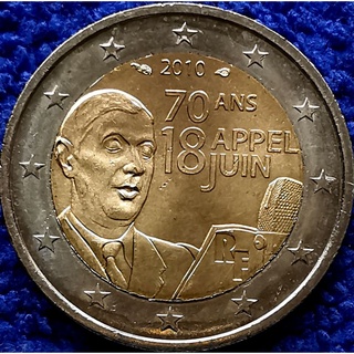 เหรียญ​ยูโร​ ฝรั่งเศส​ France, 2​ Euro, (ที่ระลึก​70ปี Radio Speech ของ DeGaulle),​#​1917, ไม่​ผ่าน​ใช้​ UNC