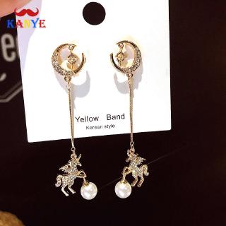 Korea 925 Silver Needle Moon Pegasus Diamond Pearl Unicorn Earrings Long Womens Earrings