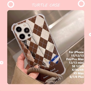 [พร้อมส่ง] เคสโทรศัพท์มือถือกระจก ลายตารางหมากรุก สีน้ําตาล พร้อมสายคล้อง สําหรับ Apple iPhone 14 13 12 11 PROMAX XS XR XSMAX SE20