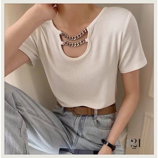A21​ เสื้อยืดแขนสั้นแต่งโซ่คอ​ อะไหล่โซ่อย่างดี T-Shirtnista
