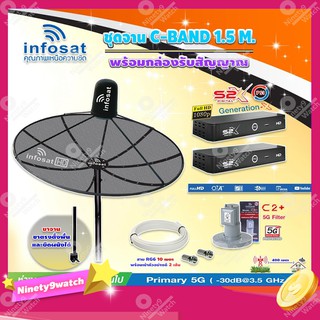 Infosat C-Band 1.5 เมตร (ขาตรงตั้งพื้นเเละยึดผนังได้) +LNB (C2+) กล่อง PSI S2 X(2 กล่อง)พร้อมสายRG6 ยาวตามชุด