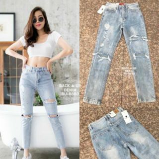 Back up denims BU-8880 กางเกงยีนส์ทรงกระบอกเล็กฟอกสีแต่งขาด 🌻🌻